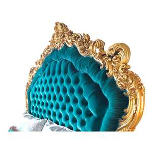 Cama de Madera Maciza de Caoba de Estilo Barroco de Lujo con Almacenamiento, 2 Mesitas de Noche Tapizadas en Terciopelo Verde Azulado, Tallado con Pan de Oro, Muebles Modernos para el Hogar - Product Image 2