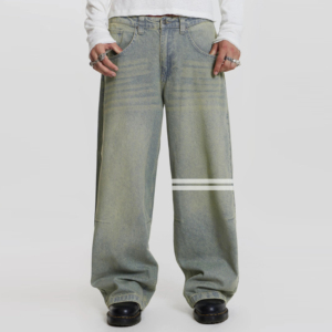 Pantalones vaqueros de mezclilla lavados a la piedra de pierna ancha, cintura alta, corte holgado, de algodón, estilo urbano para hombre, estilo otoñal - Product Image 3