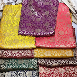 Tela de algodón brocado Jacquard de lujo, satén tejido intrincado con motivos florales tradicionales impresos para vestidos de saris Sherwanis - Product Image 1