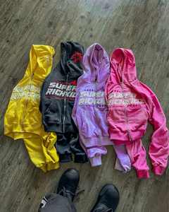 Sudadera con capucha personalizada con pedrería y serigrafía de gran tamaño recortada con lavado ácido y bolsillos con cremallera Sudadera con capucha vintage - Product Image 2