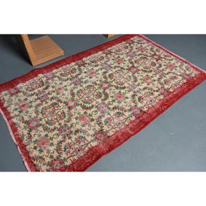 4x6.6 ft Area Vintage Rug, Turkish Rug, <b>Red</b> Green Solid <b>Wool</b> Rug - Product Image 2