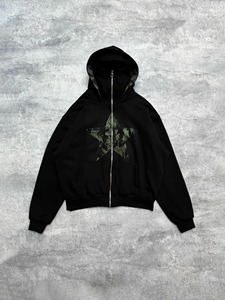 2025 Sudadera con capucha Punk con cremallera de lana de punto gris de gran tamaño para hombres diseño de estrella desgastada estilo de calle de talla grande 100% algodón - Product Image 6