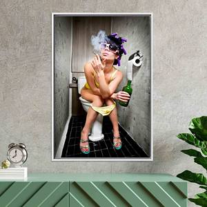 Stylish Smoking Woman Printed Canvas Art for Modern Bathroom Decor,WHITE <b>FRAMED</b> CANVAS - Product Image 1