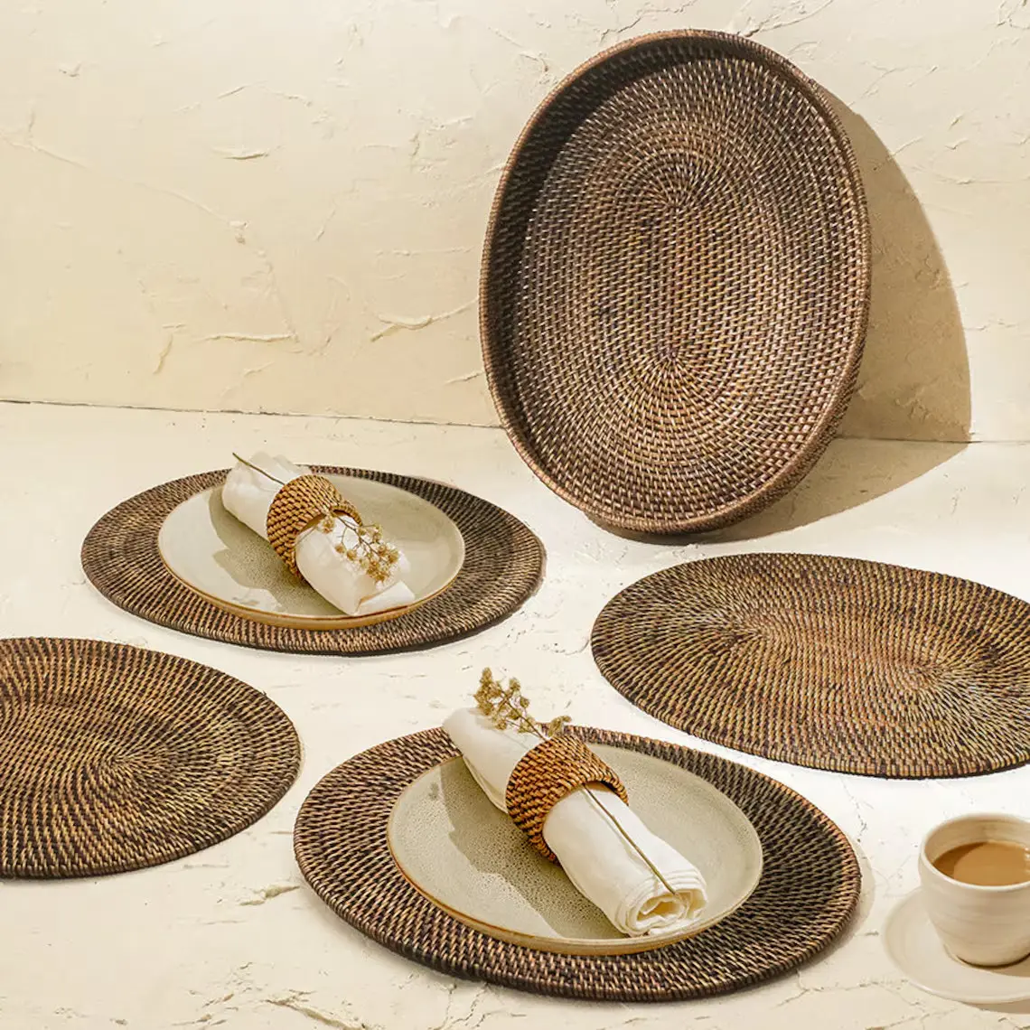 High quality natural rattan oval placemat set of 4 in brown color for table decoration in wedding party handmade from Vietnam