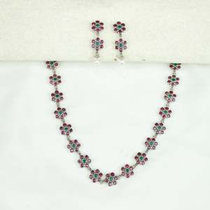 Ayushi Delicate Silver <b>Necklace</b> Set with <b>Ruby</b> and Emerald Floral Design for Party Occasions - Product Image 3
