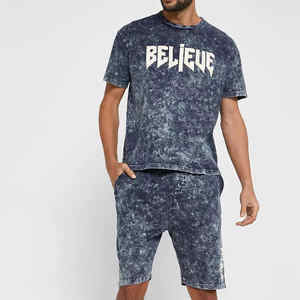 Custom Logo Summer Tracksuit Set 300 GSM Washed 100% Cotton T-Shirt <b>Shorts</b> with Silk Screen Printing - Product Image 4