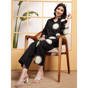 Deebaco Women's Black Embroidered 2-Piece Co-Ord Set With Dot Pattern Cotton Shirt And <b>Trouser</b> Loose Fit Casual Summer Wear - Product Image 1