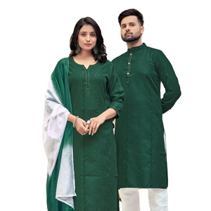 Ensemble Kurt formel élégant en pur coton avec broderie Butti et séquence Bandanas ethniques indiens pour la collection de couples - Product Image 1