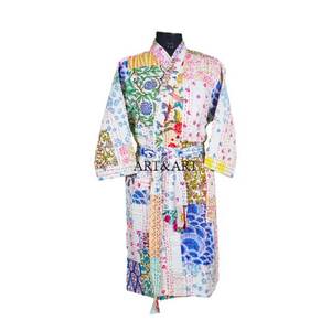 Indian Hand Block Kantha Print Bohemian Design Thermal Lightweight Elegant Cotton <b>Kimono</b> <b>Robe</b> with Natural Hand Printed Fabric - Product Image 2