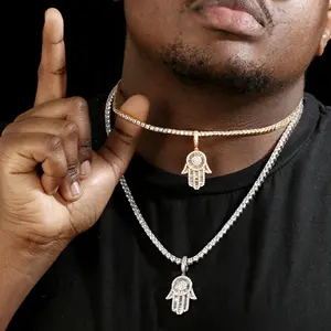 Novedad 2023 Joyería Hip Hop al por mayor Collar con colgante de mano de Fátima Hamsa chapado en oro de 18k con circonitas y diamantes incrustados - Product Image 3