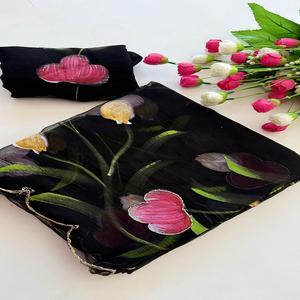 ผ้าซิ่นชีฟองไหมอินเดียสำหรับผู้หญิงแบบใหม่ งานปักลายดอกไม้และงานฝีมือ  มีสินค้าในสต็อก - Product Image 1