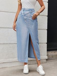 Jupe crayon midi en jean taille haute pour femme, couleur unie, boutonnée sur le devant, fente latérale, décontractée, en coton délavé, style printemps - Product Image 3