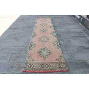 Vintage 3.1x12.1 ft <b>Rug</b>, Turkish <b>Runner</b> <b>Rug</b>, Pink Check <b>Rug</b> - Product Image 1
