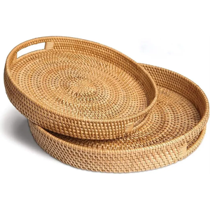Bandeja de servicio de ratán redonda con patrón de flores tejidas a mano con asas Bandejas de almacenamiento de mimbre decorativas hechas en Vietnam - Product Image 3