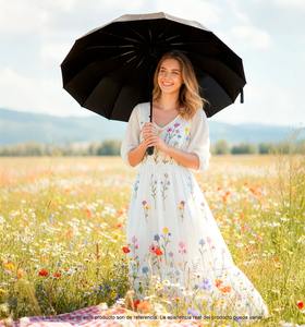 Paraguas Plegable Reforzado de Poliéster Clásico con 12 Varillas, Protección UV, Colores Beige, Verde, Rojo Vino y Azul - Product Image 2