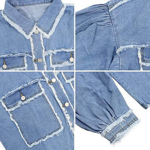 Veste en jean effilochée surdimensionnée pour femmes, vêtements d'extérieur décontractés boutonnés, veste en jean bleu en gros - Product Image 5