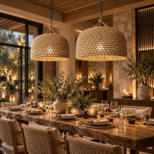 Lampada a Sospensione in Rattan Intrecciato a Mano, Altezza Regolabile, <span class=keywords><strong>Paralume</strong></span> in <span class=keywords><strong>Corda</strong></span> Intrecciata per Isola Cucina e Sala da Pranzo - Product Image 3