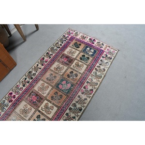 พรมตุรกีขนาด 2.5x8.7 ฟุต, พรมวินเทจแบบยาว, พรมขนสัตว์สีน้ำเงินชมพูไล่เฉด - Product Image 5