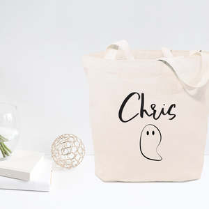 Personalized Name Open Closure Ghost Cotton Canvas Tote Bag with Solid Color Pattern - Product Image 3