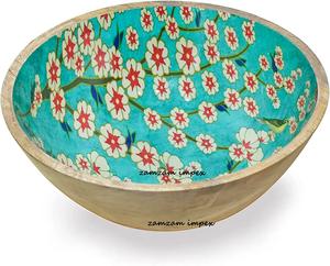 Ensemble de saladiers en bois de mangue fabriqués à la main avec design imprimé Blissful Blooms et serveurs à salade en bois assortis pour les repas et la cuisine - Product Image 4