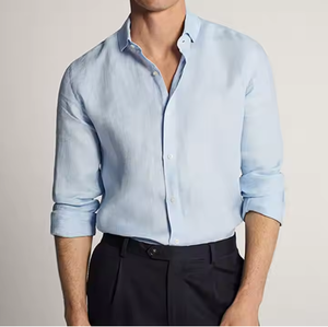 Chemise Homme Bleu Clair 100% Coton Sergé Robe Chemise Solide Anti-Rides et Non-Repassage Style Décontracté 180 Grammes Poids du Tissu - Product Image 1