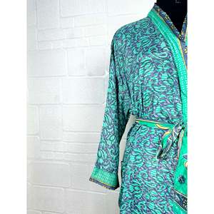 Recycled Vintage Silk Sari Robe Floral Print Boho House <b>Kimono</b> Dressing Gown <b>Beach</b> Coverup Bridesmaid Anniversary Gift for Her - Product Image 3