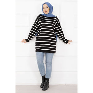 Pull en tricot oversize rayé pour femme, imprimé floral, fleurs brodées, style décontracté respirant pour l'automne/hiver, noir sur le devant - Product Image 1