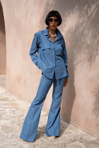 Ensemble chemise en jean florale gothique pour femmes, pantalon évasé, haut à manches longues à boutons avec pantalon à pattes d'éléphant taille haute - Product Image 2