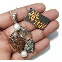 Pendentif chaîne en argent 925 avec pierres précieuses multiples : bronzite, pyrite, perle, quartz rutile doré, bijoux de mariage et de mode pour mariée