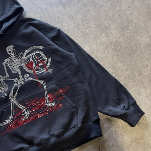 Sudadera con capucha 100% algodón de alta calidad, con cremallera, efecto desgastado, pedrería y diseño urbano, con bolsillo, para invierno - Product Image 5