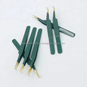 Pinces à épiler professionnelles en acier inoxydable vert courbé, pointe dorée, antistatiques et antimagnétiques, pour marque privée, vente en gros - Product Image 3