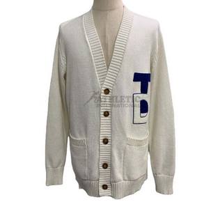 Wholesale Custom Letter Sweaters Unisex Button Up <b>Chenille</b> Embroidery <b>Cardigan</b> Logo Cotton Pockets Striped Sweater Breathable - Product Image 1