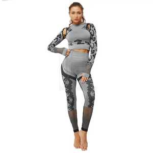 Ensemble de yoga 2 pièces pour femmes, séchage rapide, respirant, coton, taille élastique, leggings de sport et tenue de sport à manches longues - Product Image 4