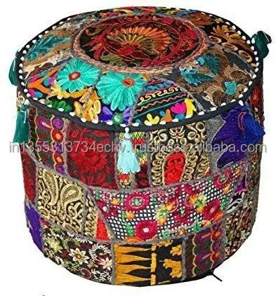 Indian Patchwork Borduren Ontwerp Poef Multi Kleur Poef Cover Ronde Traditionele Kruk Cover