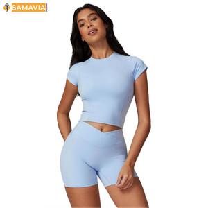 Automated <b>Cut</b> Solid SAMAVIA Sports Bra Set Spandex Nylon Activewear 2 Piece Yoga Fitness Outfit for Women RTS Low Price - Product Image 4