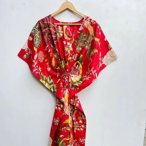 Caftán de Algodón con Estampado Floral Rojo, Elegante, hasta la Rodilla, para Verano, Cubre Bikini, para Damas de Honor, Suave, Cómodo, Ropa de Maternidad, Holgado, Talla Grande - Product Image 1