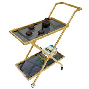 KB68038 Two-Tier Standing Type Iron Frame <b>Cart</b> with Glass Top Rectangle Shape with Wheels for Living Room Tableware <b>Storage</b> - Product Image 1