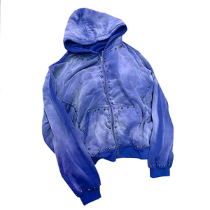 2025 nouveau Logo personnalisé sweat zippé haute qualité coton surdimensionné soleil délavé acide lavage strass pull à capuche - Product Image 6