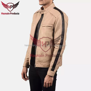 Chaqueta de Cuero Beige Auténtico para Hombre, Cuello con Broches, Manga con Raya Negra, Estilo Café Racer, Personalizada, Vintage, Ropa de Invierno - Product Image 2