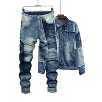 Liluo Spliced Denim Jacken und Jeans Autumn Mens Loose 2Pcs Set Langarm Einreiher Jacken Full Length Pant Denim Set