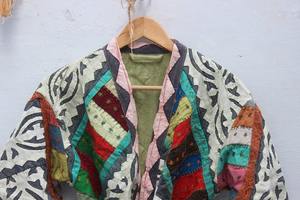 Indian Handmade Kantha Quilted <b>Jacket</b> with Assorted Patchwork & Color Embroidery Cut Work <b>Kimono</b> Letter Pattern <b>Jacket</b> - Product Image 5