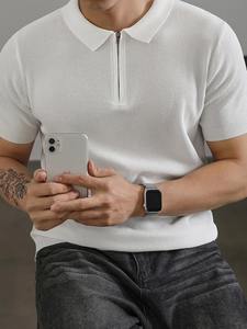 Punto Vintage con Cremallera para Hombre, Camisa Polo con Cuello Vuelto, 100% Algodón, Manga Corta, Color Sólido, Informal, Primavera y Verano - Product Image 1