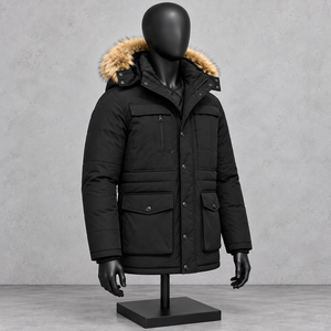 Chaqueta Larga Acolchada Negra para Hombre con Capucha de Piel, Cortavientos, Informal, para Invierno - Product Image 4