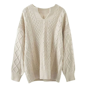 Nouvelle arrivée pull pour femmes avec logo personnalisé pull pour femmes à manches longues col en V couleur unie torsadé haut de pull en tricot décontracté pour femmes - Product Image 2