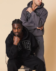 100% coton brodé sueur 2 pièces ensembles surdimensionné pleine fermeture éclair survêtement veste pantalon imprimé tendance bas prix grande taille hiver - Product Image 3