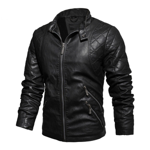 Gran oferta, chaqueta de cuero de otoño para hombre, chaqueta de cuero PU de motorista con cuello levantado ajustada, chaqueta de cuero Vintage personalizada para hombre - Product Image 3
