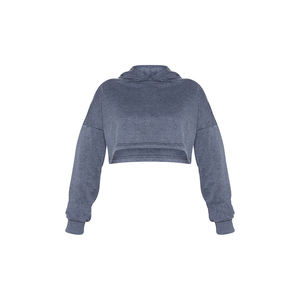 เสื้อครอปแบบมีฮู้ดของผู้หญิงเสื้อมีฮู้ดสำหรับฤดูหนาวผ้าฟลีซแบบ100% สีพื้นมีกระเป๋าด้านหน้าแบบสวมหัวสำหรับฤดูหนาว - Product Image 5