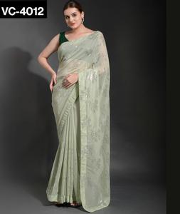 ผ้าส่าหรีผ้าจอร์เจียสำหรับผู้หญิงดีไซน์เนอร์พร้อมด้วยงานถักโครเชต์ทั้งตัวและลำดับที่สวยงามทั้งสองด้านสำหรับสวมใส่ในงานปาร์ตี้ - Product Image 1