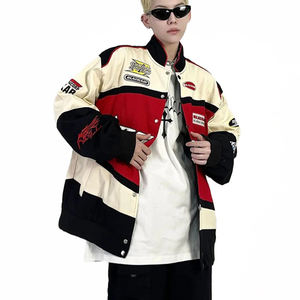 แจ็คเก็ตหนังสไตล์สตรีทแวร์ล่าสุด ดีไซน์หลวมแบบนักแข่ง ดีไซน์ Y2K ปักโลโก้วินเทจ แจ็คเก็ตมอเตอร์ไซค์ - Product Image 3