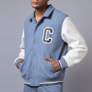 <b>Men's</b> Light Blue Varsity <b>Jacket</b> with <b>White</b> Sleeves Embroidered C Logo Preppy Style Regular Fit Winter Cartoon Pattern Reversible - Product Image 4